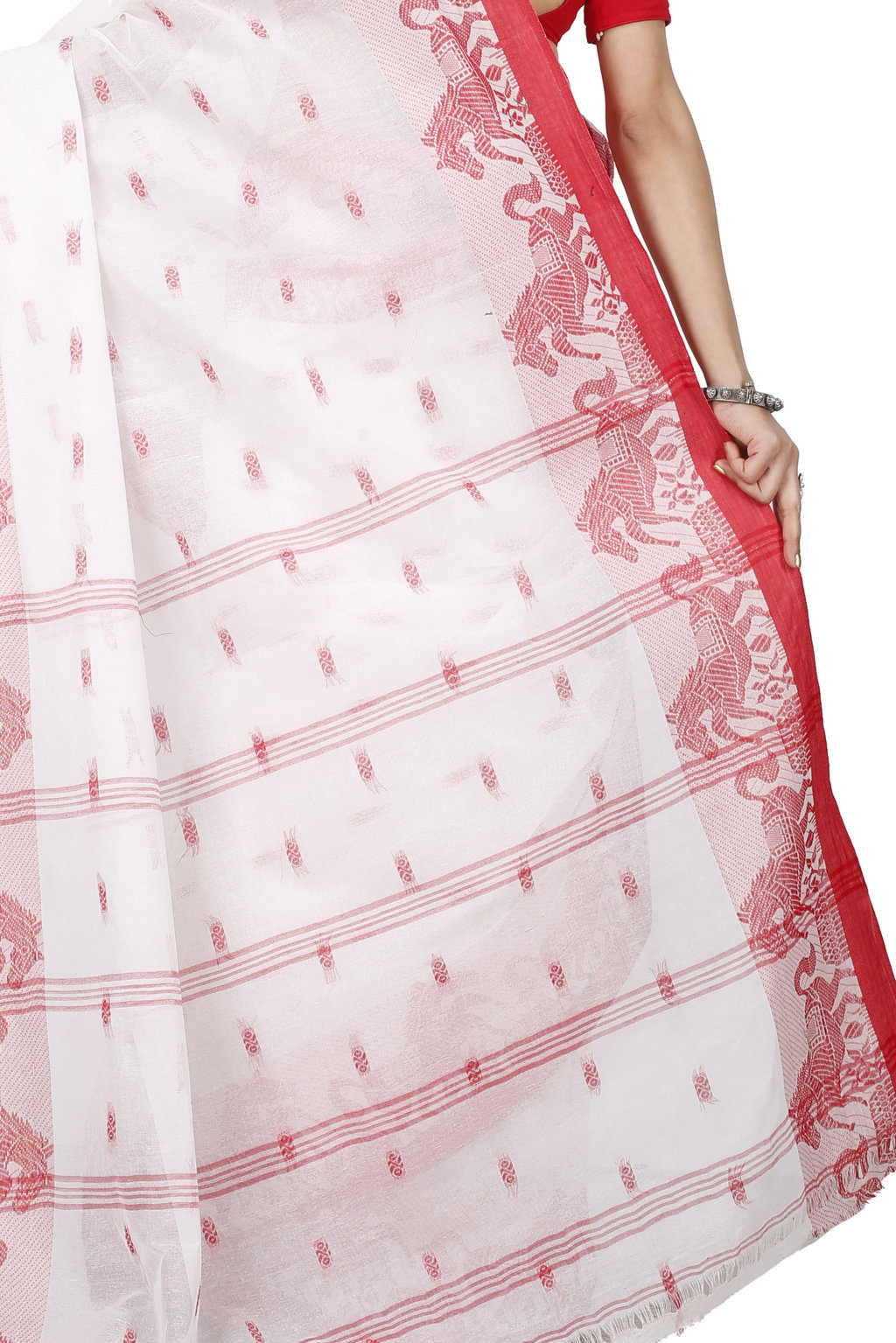 White Red Pure Cotton Indrani Tant Saree (1019)